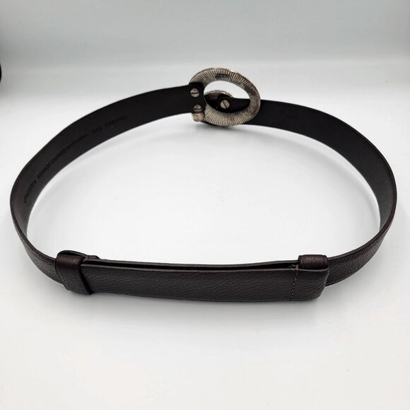 Chicos Brown Adjustable Leather Belt With Textured Silver & Gold Tone Metal Buck - Picture 9 of 16